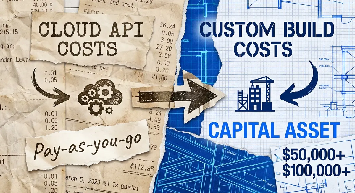 Infographic comparing usage-based ai visual search pricing models vs custom build costs