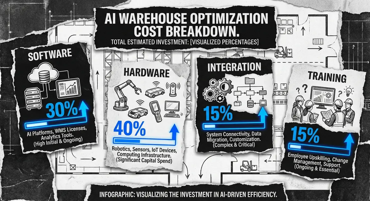 Infographic breaking down AI warehouse optimization cost components including software, hardware, and integration