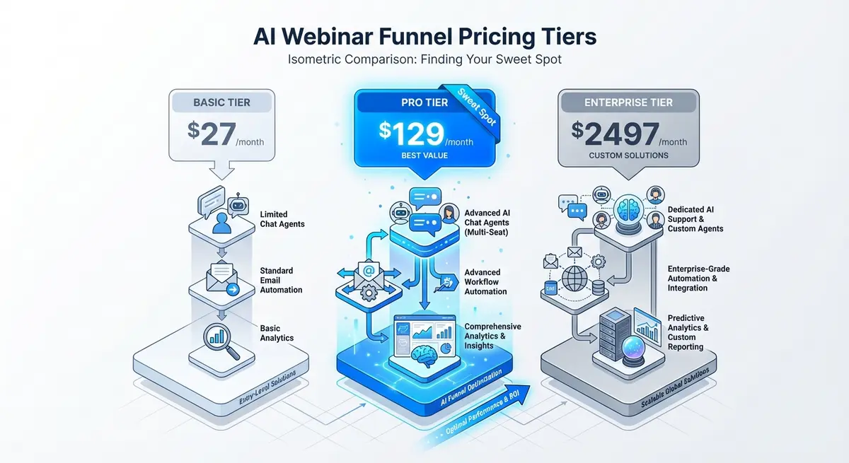 Infographic comparing AI webinar funnel pricing tiers from basic to enterprise