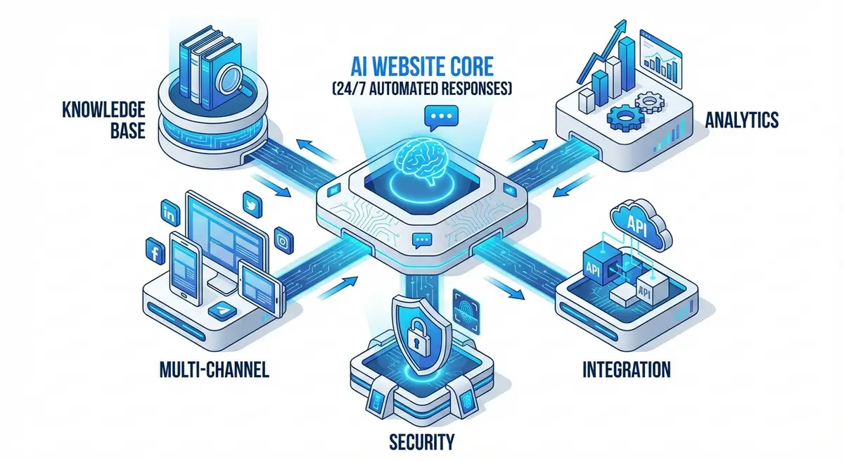 Key features infographic for an AI website that answers customer questions automatically 24 7