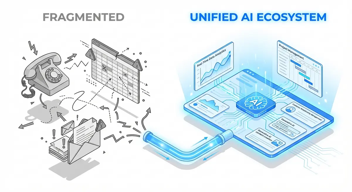 Comparison of fragmented service operations versus a unified AI website with chatbot and CRM