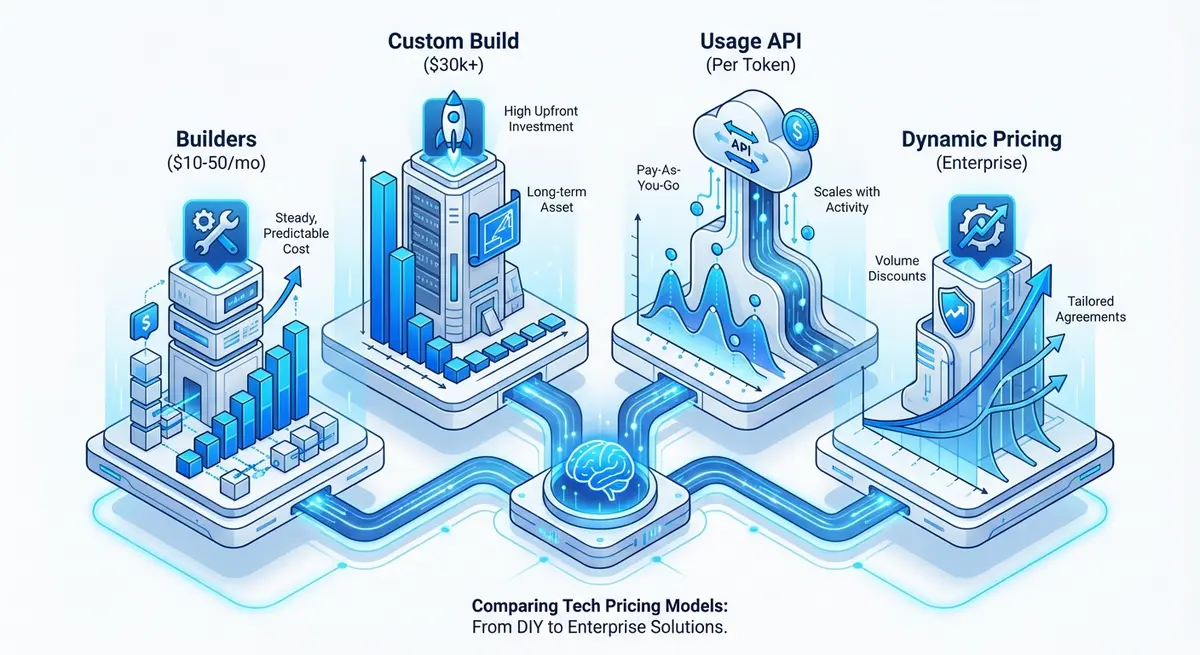 Infographic comparing ai website performance pricing models including builders, custom development, and usage-based costs