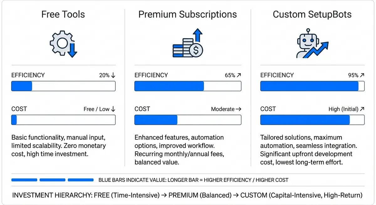 Infographic comparing ai wedding planner agent cost tiers from free tools to custom architecture