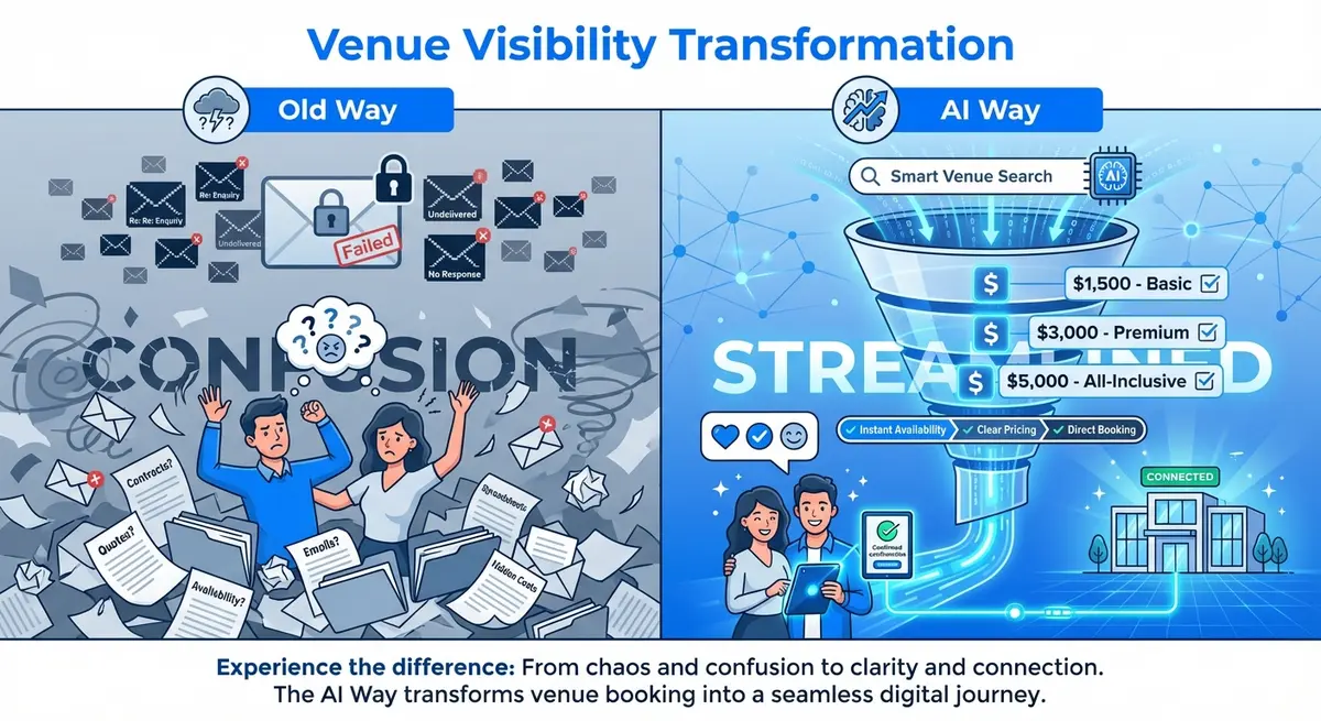 Infographic comparing old manual venue booking process vs new AI wedding planner visibility for venues pricing model