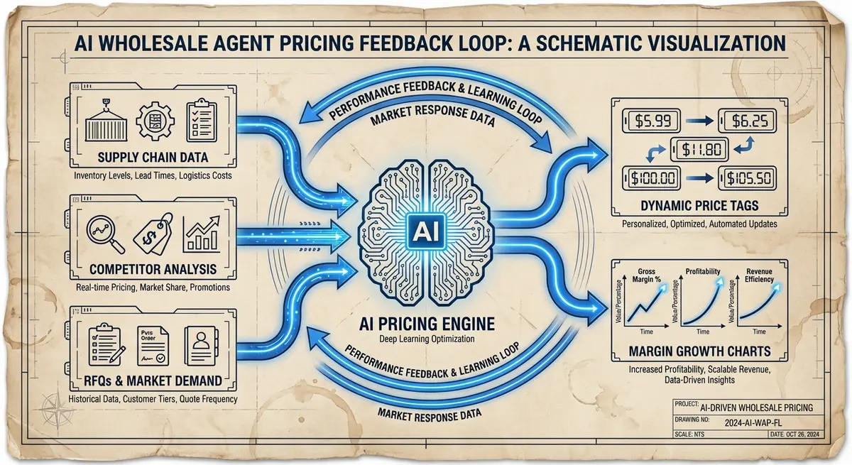 Diagram showing how AI wholesale agent pricing processes real-time data to optimize margins