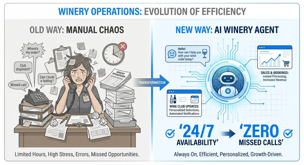 Infographic comparing manual winery tasks versus AI winery agent efficiency and pricing value