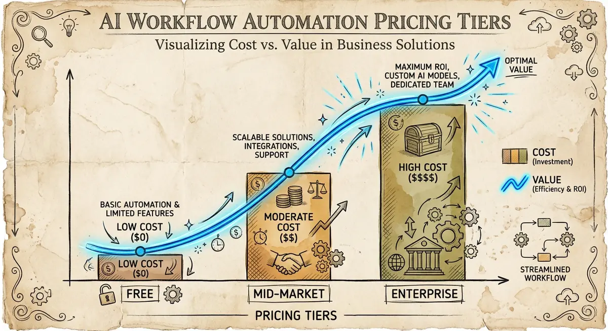 Chart showing ai workflow automation pricing tiers from free to enterprise with corresponding value curves