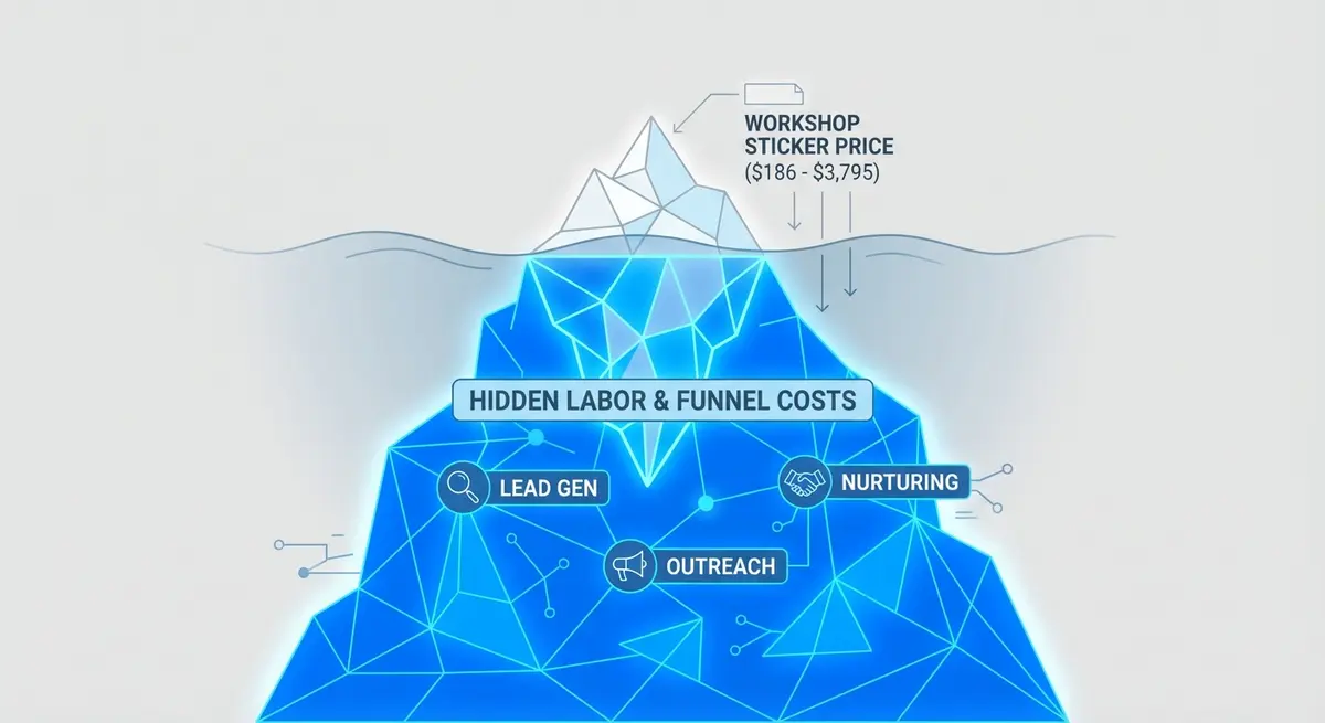 Infographic showing the hidden ai workshop funnel cost beneath the visible workshop price