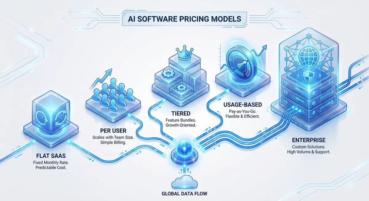 Infographic comparing AI yoga studio agent pricing models from flat fees to enterprise quotes