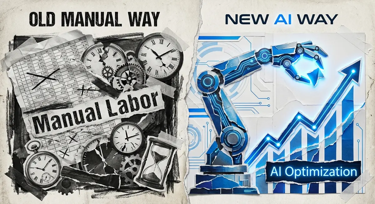 Infographic comparing manual YouTube ad management versus AI YouTube ads management pricing efficiency