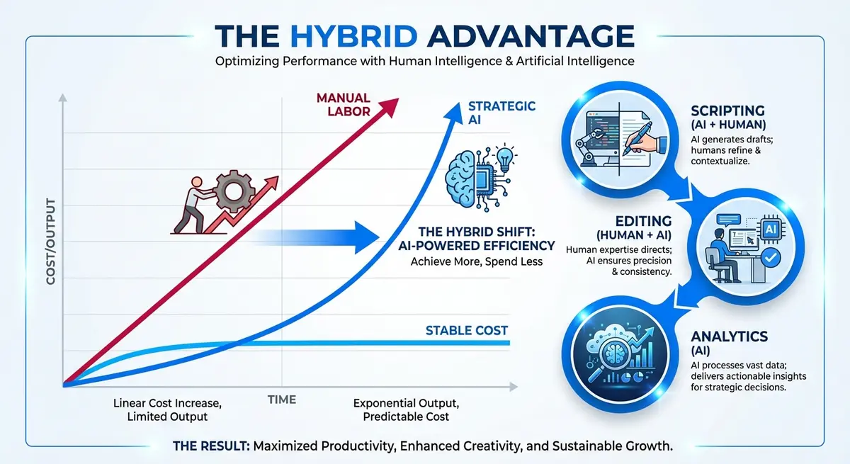 Infographic comparing manual video production costs vs strategic AI youtube management cost efficiency