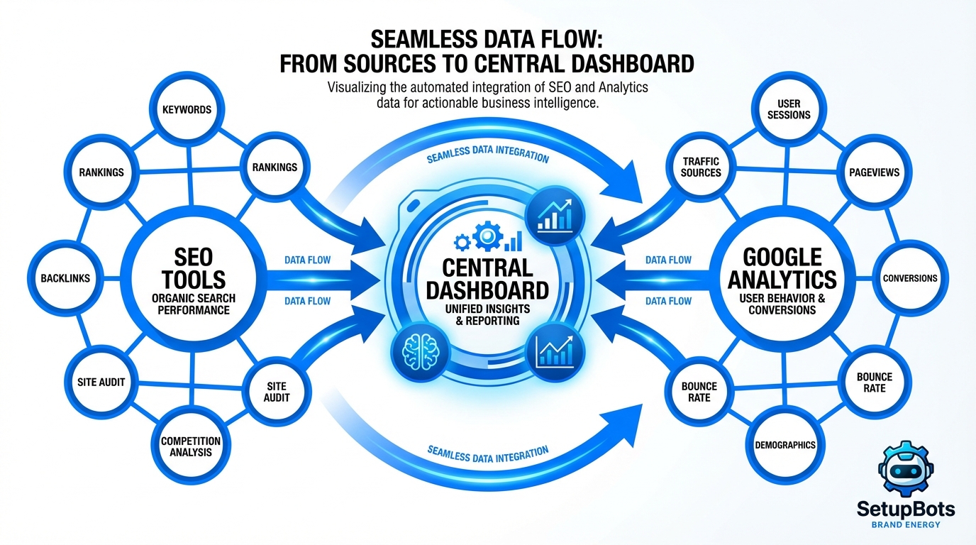 all in one seo google analytics infographic showing integrated data flow for digital marketing