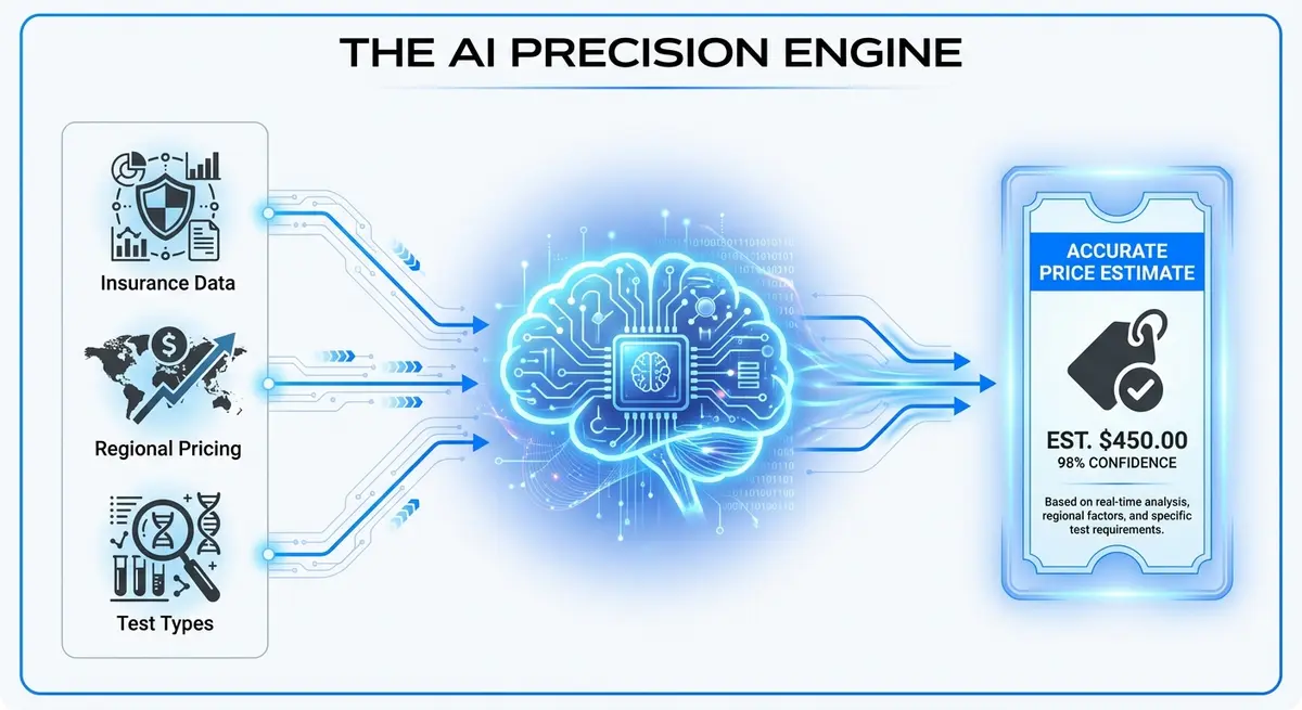 Infographic showing how AI inputs insurance and location data to output an accurate allergy testing cost estimator price