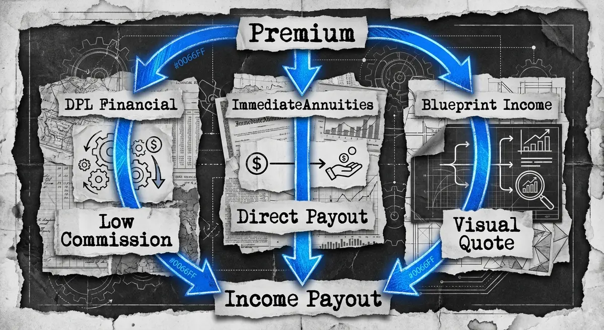 Annuity comparison calculator price workflow showing DPL Financial, ImmediateAnnuities, and Blueprint Income paths