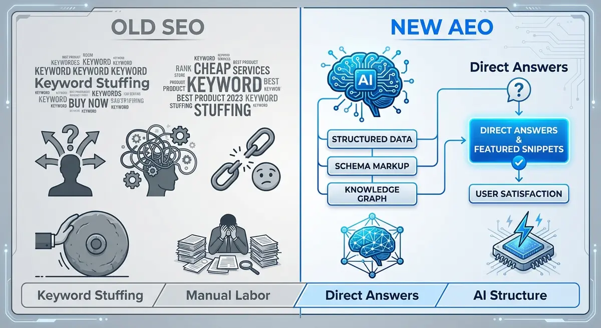 Infographic comparing traditional SEO versus answer engine optimization for financial advisors pricing strategies