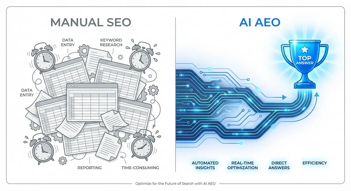 Infographic comparing manual SEO costs versus AI answer engine optimization for property managers cost efficiency