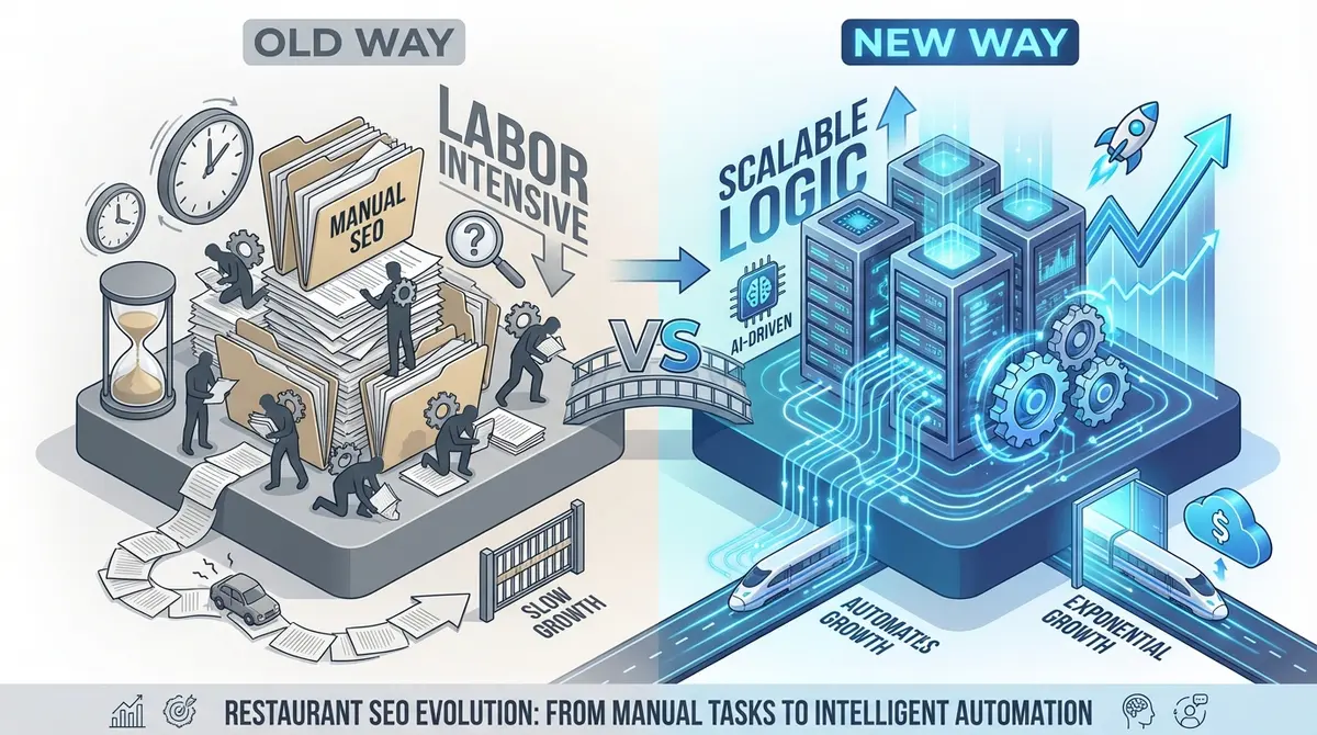 Infographic comparing manual local SEO labor against AI answer engine optimization for restaurants cost efficiency