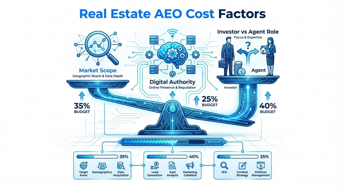 Infographic showing factors influencing answer engine optimization for real estate cost