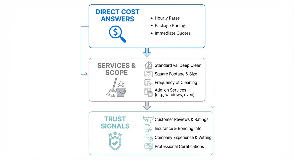 Infographic showing hierarchy of answer engine ranking for cleaning companies pricing search intent