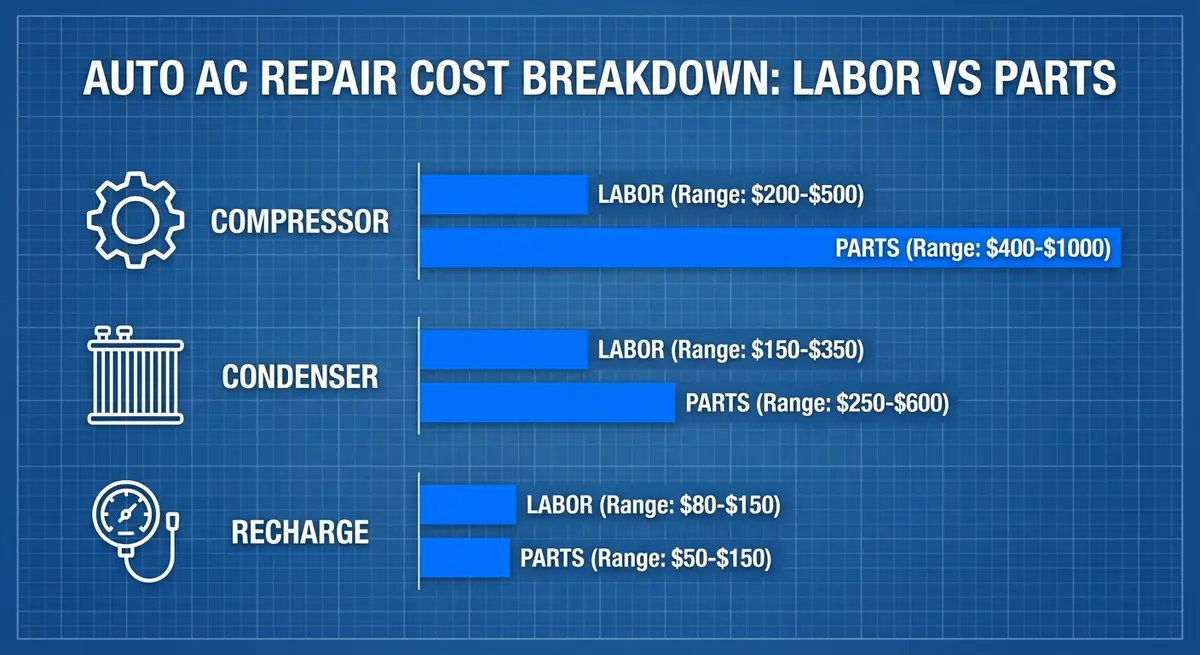 Infographic showing auto ac repair cost estimator price breakdown for compressors and recharges