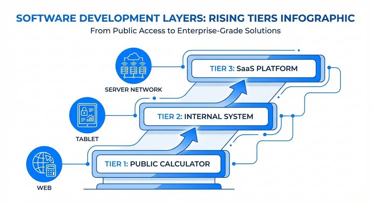Infographic comparing basement waterproofing estimate tool development price tiers from calculator to SaaS platform