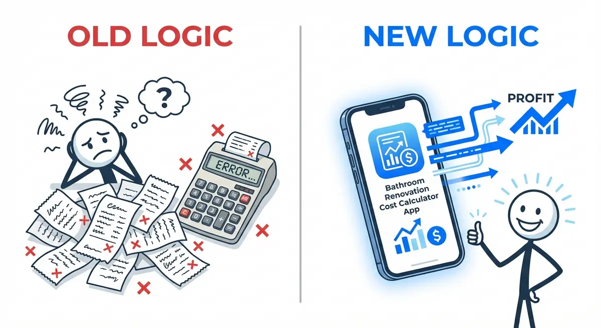 Comparison of manual estimating versus using a bathroom renovation cost calculator app price model
