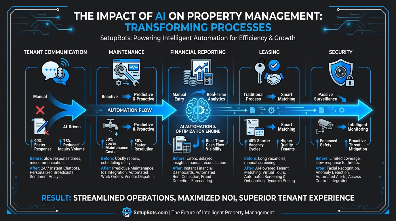 Best AI for property management infographic showing AI impact on various processes