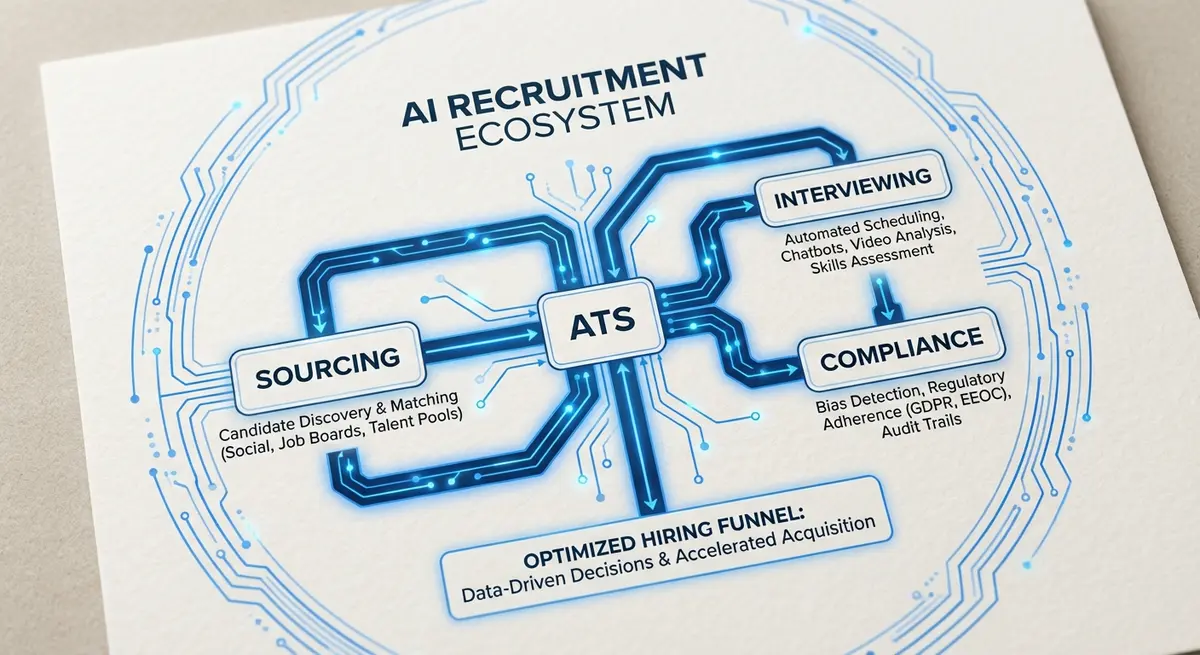 Infographic diagram showing categories of best AI recruitment software including ATS, sourcing, and interviewing tools