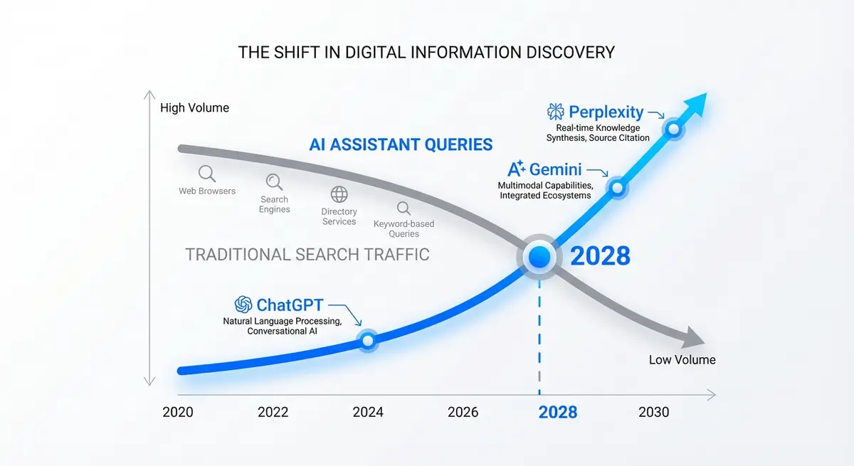 Graph showing AI search traffic surpassing traditional search by 2028
