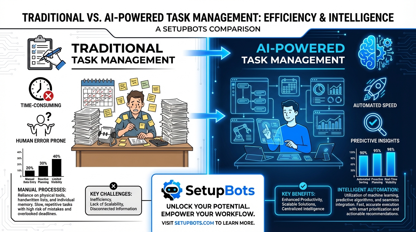 Best AI Task Manager infographic showing comparison of traditional vs. AI task management