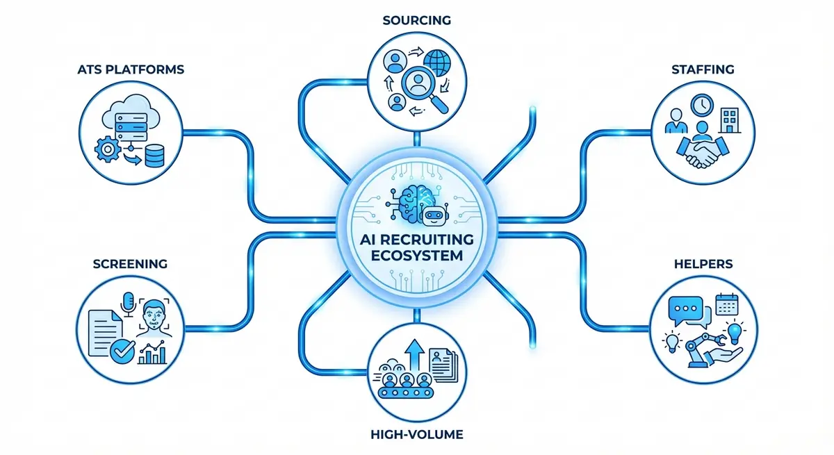 Diagram showing the six categories of best AI tools for recruiting