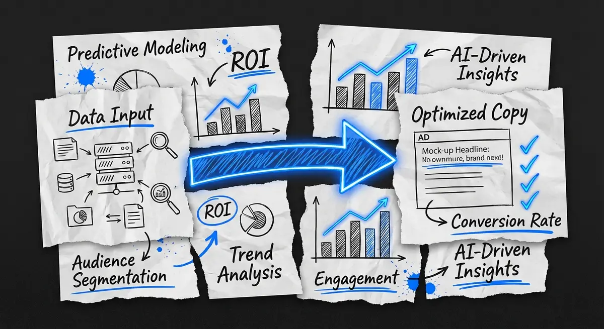 Infographic showing the logic of performance-driven ad copy variations using AI data analysis