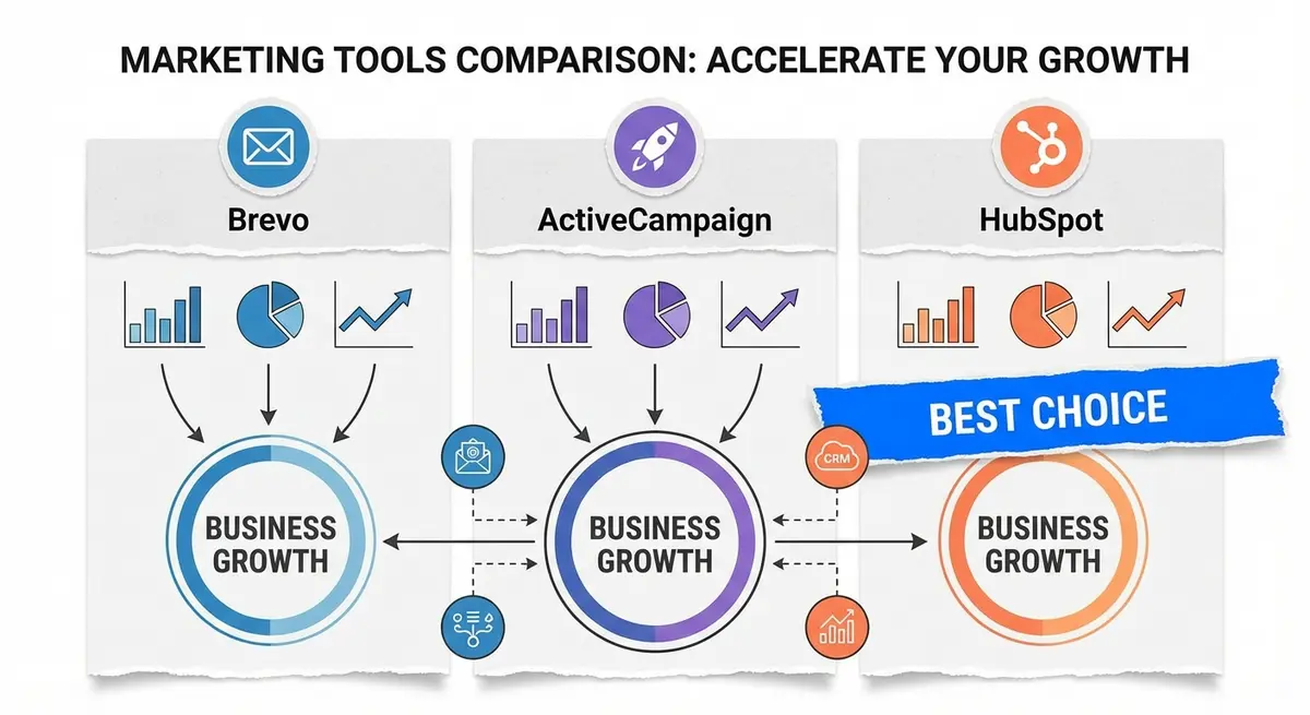 Comparison chart of the best marketing automation software for small business featuring Brevo and HubSpot