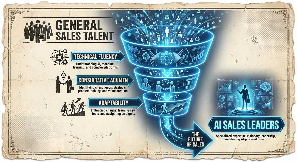 Funnel infographic showing the filtering process for best recruiters for sales roles in AI companies
