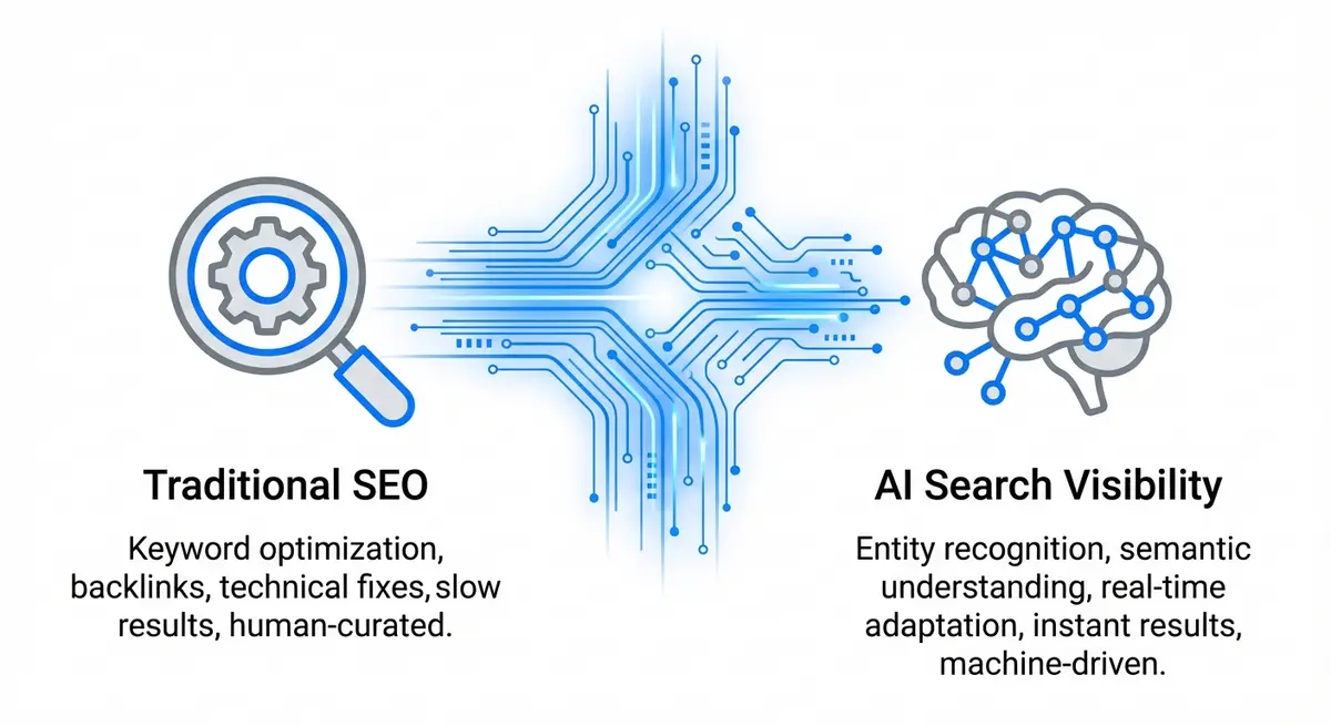 Infographic comparing traditional SEO tools to AI search visibility analysis tools