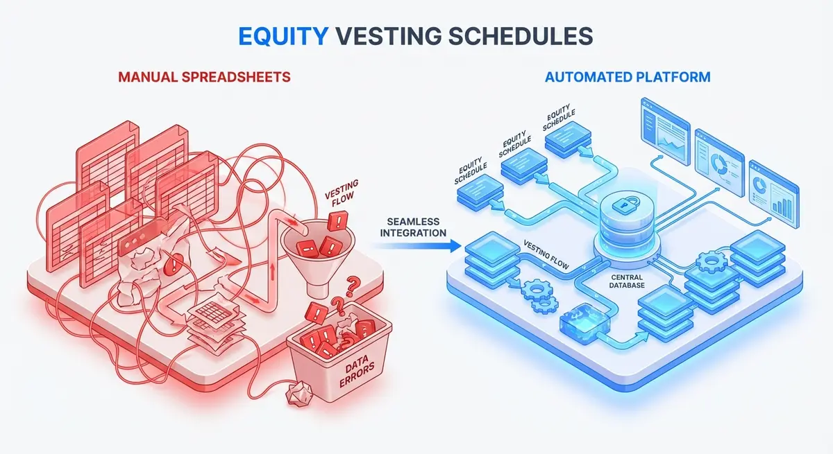 Infographic comparing manual spreadsheets to automated systems reducing cap table management tool development price