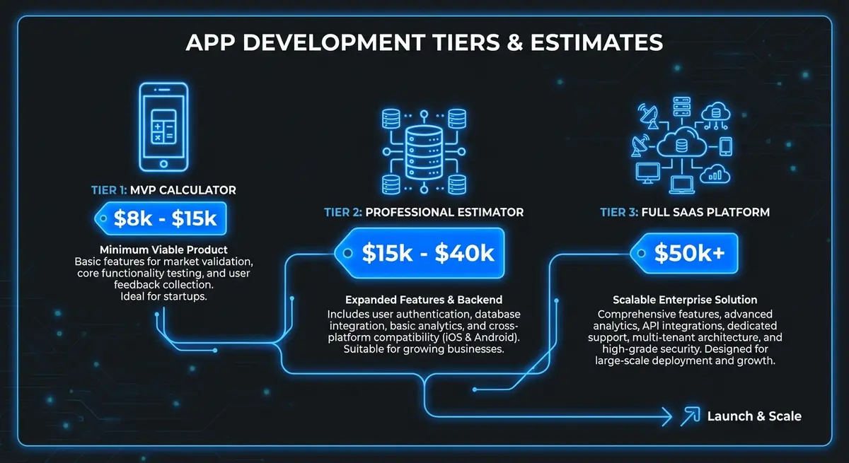 Infographic comparing car detailing price calculator app cost tiers from MVP to SaaS