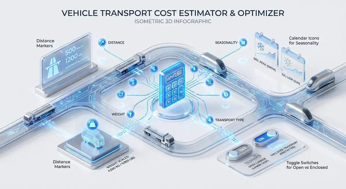 Infographic detailing factors affecting car shipping cost calculator price