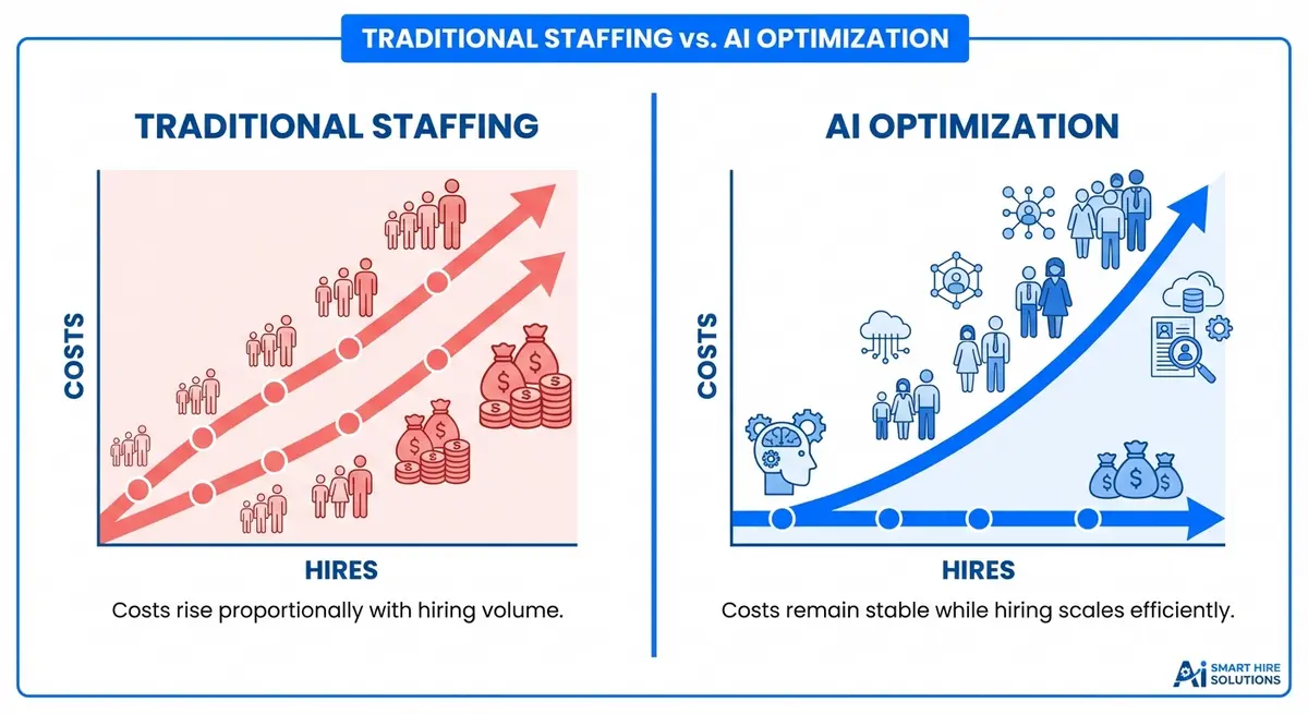Infographic comparing linear staffing costs versus scalable chatbot recommendation optimization for staffing pricing