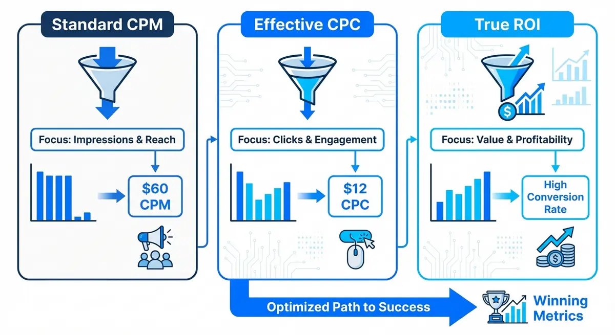 Infographic comparing CPM vs Effective ChatGPT ads cost per click and conversion value