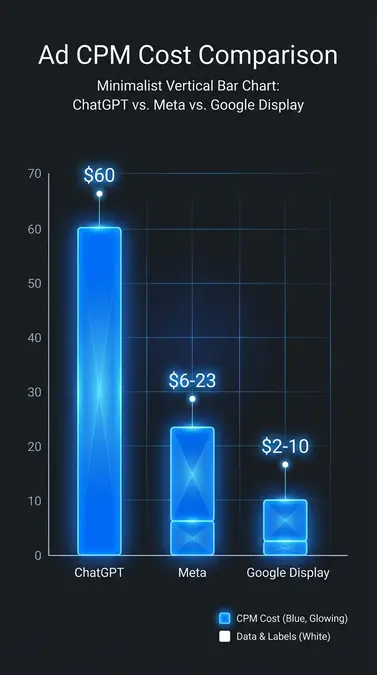 Infographic comparing ChatGPT Ads CPM pricing of $60 versus Meta and Google ad costs