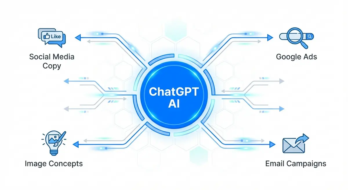 Infographic showing the workflow of generating ChatGPT ads for dental practices across different channels