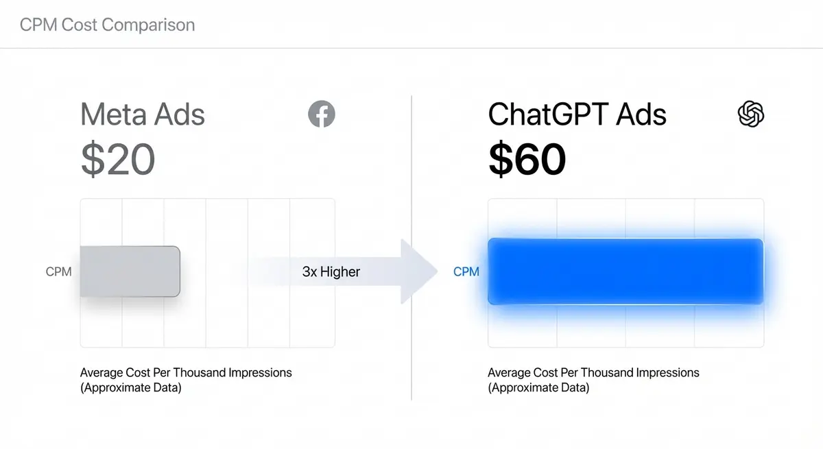 Infographic comparing Meta CPM vs chatgpt ads for dentists cost showing the premium pricing