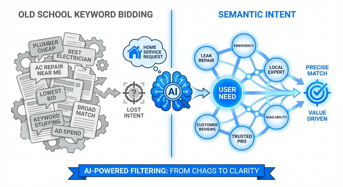 Infographic comparing keyword bidding vs semantic intent for chatgpt ads for home service businesses
