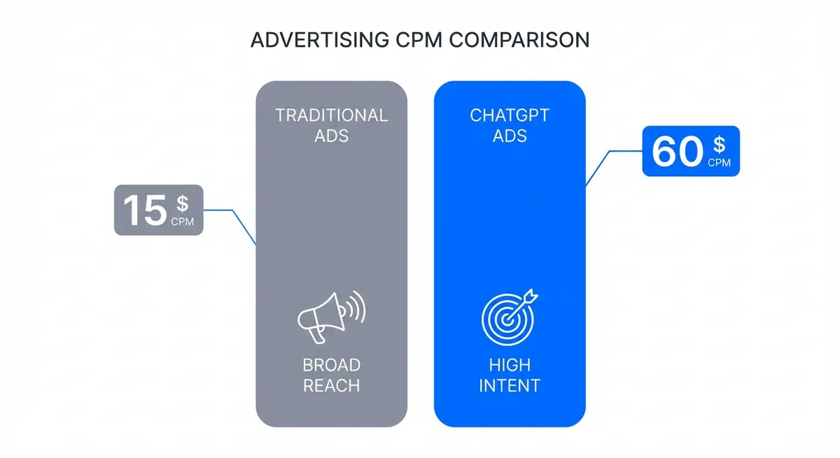Infographic comparing ChatGPT ads for small business cost CPM versus traditional platforms