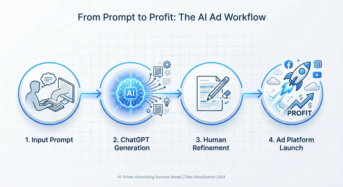 Infographic showing the chatgpt ads for hvac companies setup guide workflow from prompt to launch