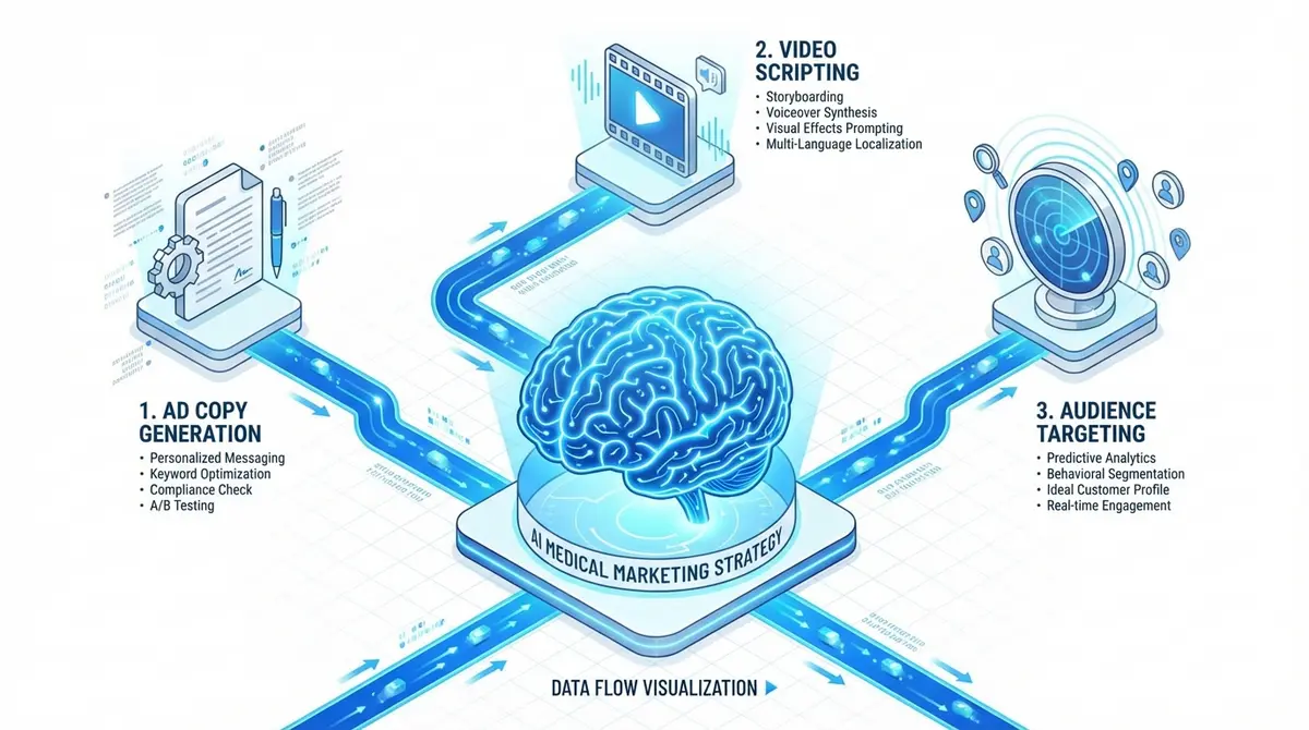 Infographic showing how ChatGPT ads for medical practices patient acquisition work across copy, video, and targeting