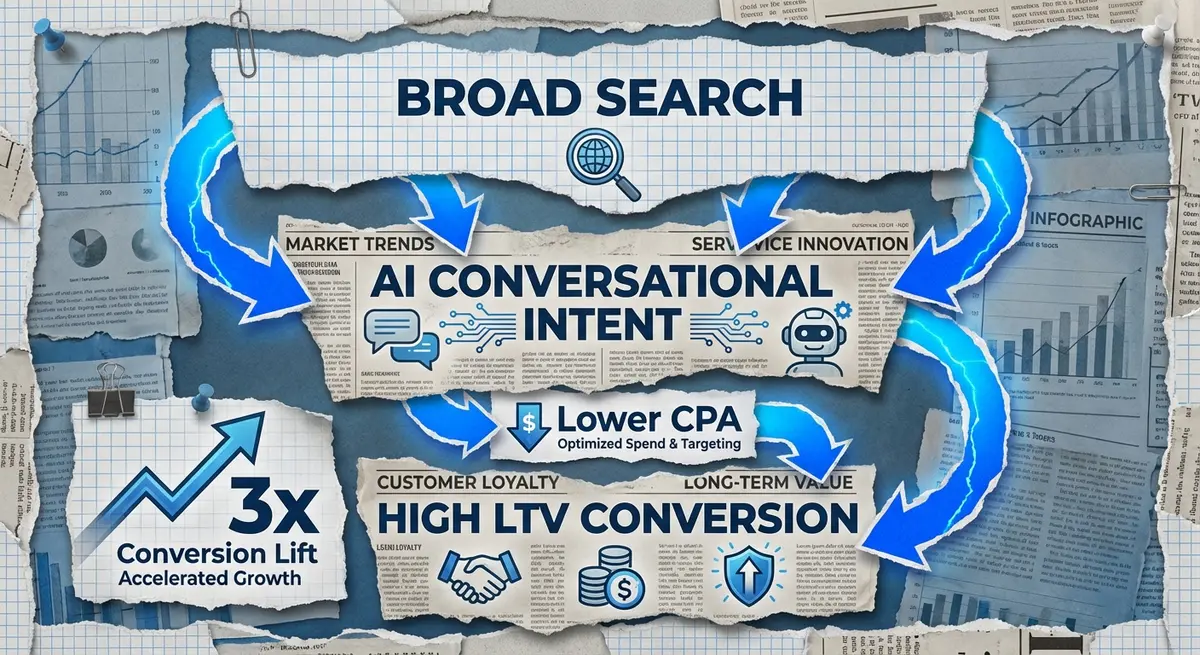 Infographic showing the conversion funnel and ROI potential for ChatGPT ads in service businesses