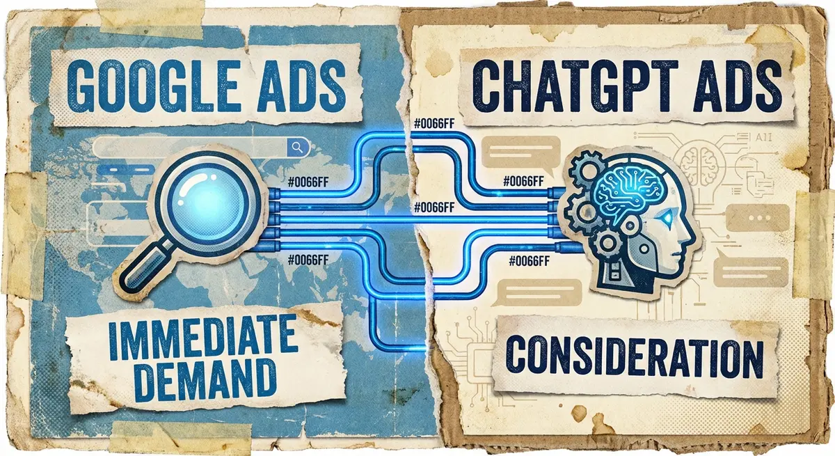 Infographic comparing ChatGPT Ads vs Google Ads for Local Businesses showing demand vs consideration