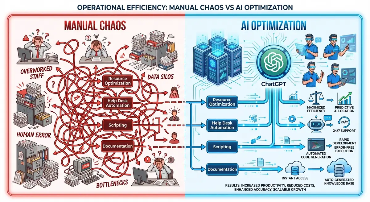Infographic comparing manual MSP operations versus chatgpt recommendation optimization for it msp cost efficiency